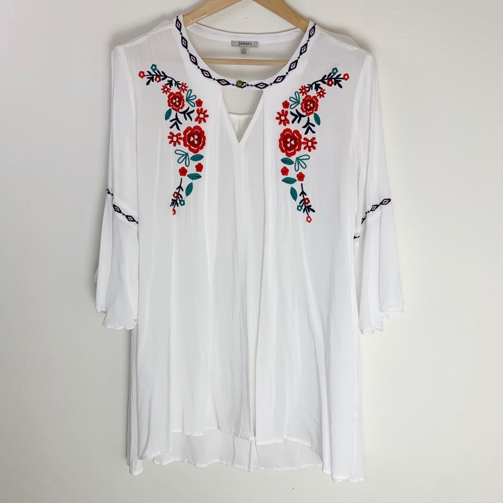 Jodifl Floral Embroidered Tunic Dress Bell Sleeve